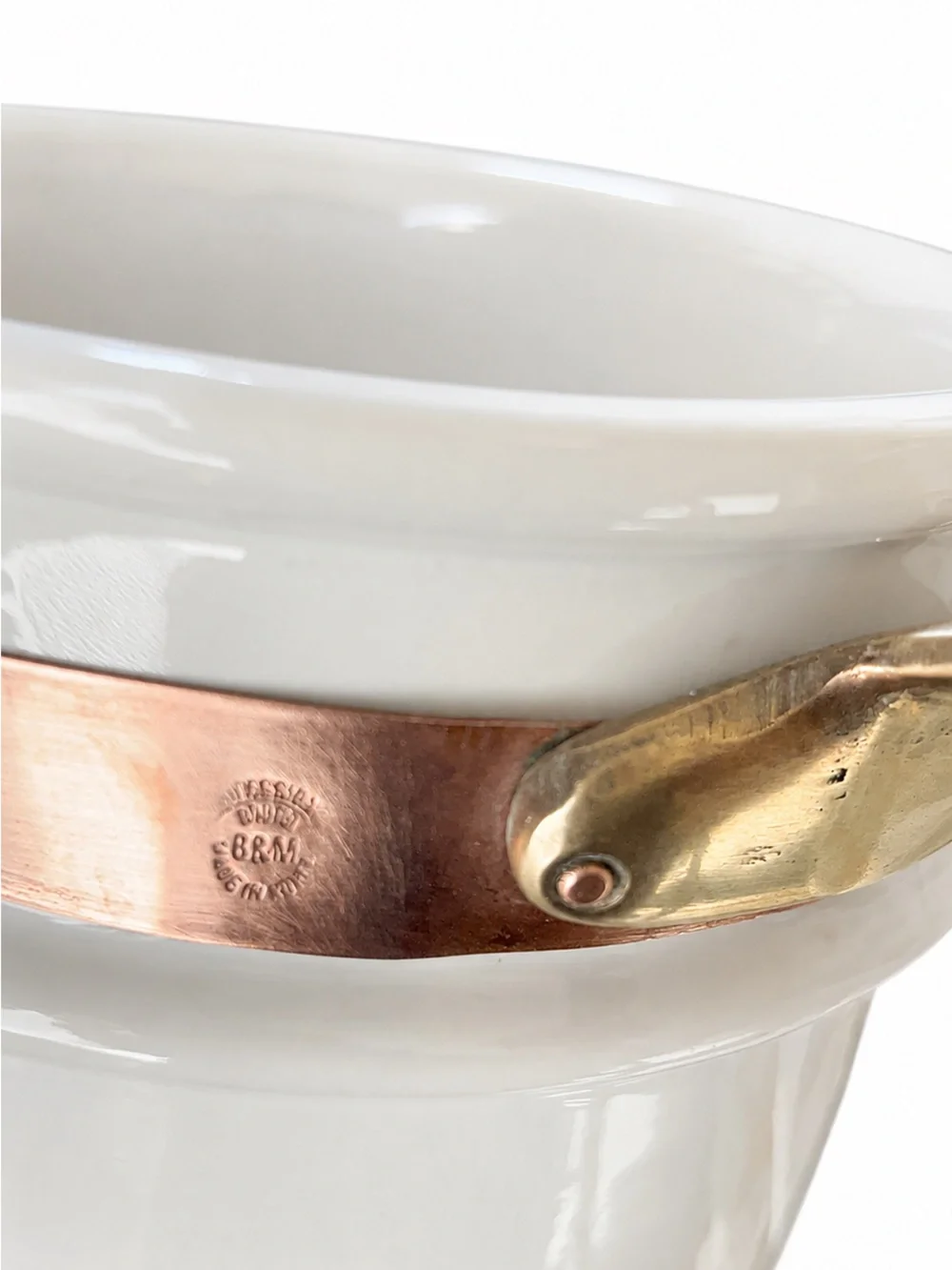 Vintage French White Porcelain Saucepan Copper Band Brass Handle MCM Cookware